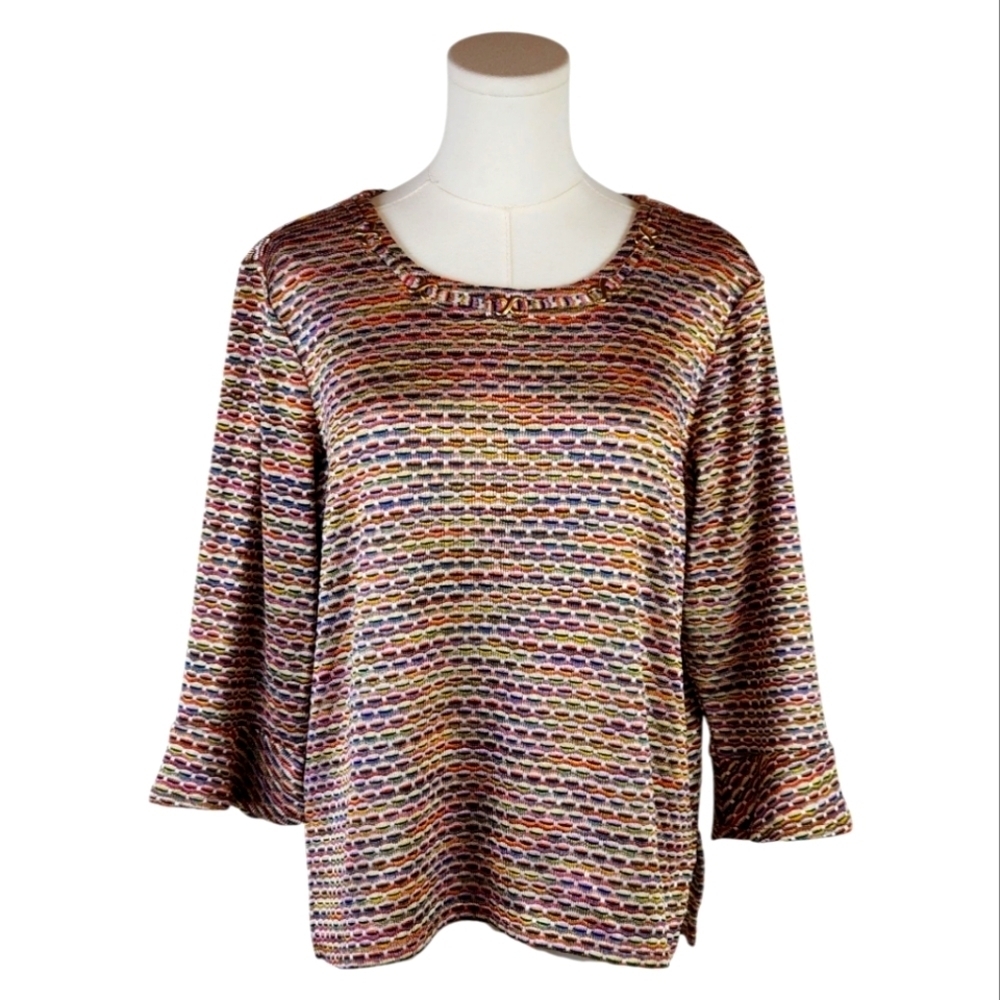 Alfred Dunner Petite Medium Multicolor Textured Top w/ Gold Chain Neck Detail